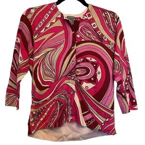 Ann Taylor Groovy Pink patterned cardigan with diamond buttons, 3/4 sleeved